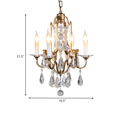 4 Lights Chandelier Pendant Light Retro Candle Metallic Hanging Ceiling Lamp with Crystal Swag Decor in Bronze