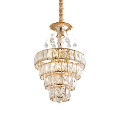 5 Bulbs 4-Tier Hoop Pendant Chandelier Traditional Gold Finish Crystal Block Suspension Light