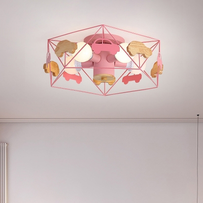 5-Light Bedroom Semi Flush Chandelier Macaron Pink/Grey/Green Ceiling Mount Lamp with Pentagon Metal Cage and Wood Car Decor