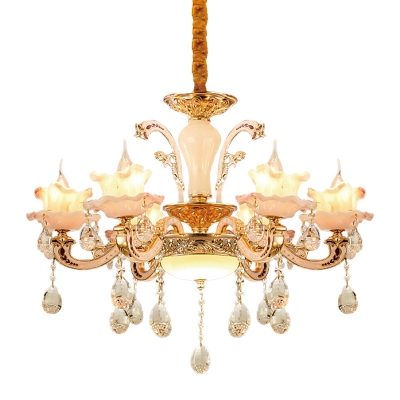 6 Heads Floral Hanging Chandelier Traditional Rose Gold Finish Crystal Glass Pendulum Light