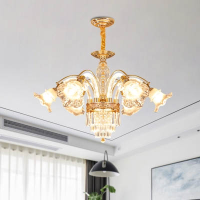6 Lights Bedroom Ceiling Chandelier Contemporary Gold Hanging Pendant with Floral Crystal Shade