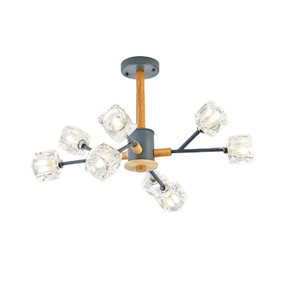 8-Bulb K9 Crystal Cube Ceiling Light Nordic Grey and Wood Branching Dining Room Chandelier