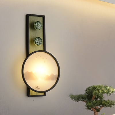 Acrylic Sunset Lake Scenic Mural Lighting Asian Black LED Sconce Light for Dining Room