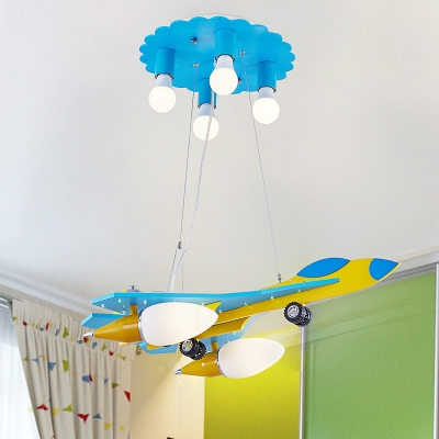 Aircraft Wood Ceiling Chandelier Cartoon 6-Head Blue and Yellow Pendulum Light for Kids Room