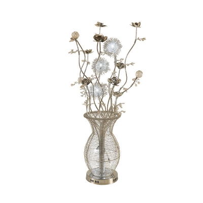 Aluminum Wire Floral Table Lighting Art Deco LED Bedside Vase Desk Lamp in Silver