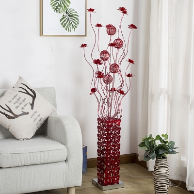 Art Deco Floret Floor Lamp with Butterfly Vase Design Metallic Wire LED Standing Floor Light in Red