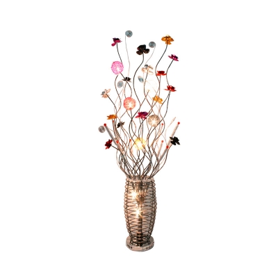 Art Deco Potted Plant Floor Standing Lamp Aluminum Wire LED Floor Light in Silver with Colorful Florets Detail
