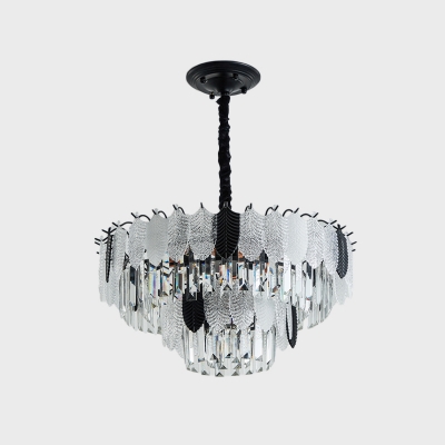 Black 11-Light Chandelier Contemporary Crystal Leaf and Prism Tiers Ceiling Hanging Light