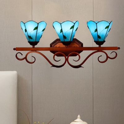 Blue Glass Floral Wall Mount Lighting Mediterranean 3-Light Red Brown Sconce Light with Swirl Arm