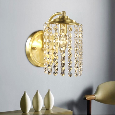Brass Cylindrical Wall Mounted Lamp Rural Crystal Octagons Single Living Room Sconce