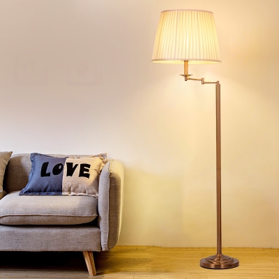 Brass Drum Shade Standing Floor Light Post Modern 1-Bulb Plated Fabric Adjustable Floor Lamp