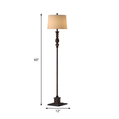 Brown 1-Light Floor Lamp Traditional Fabric Drum Shade Stand Up Light for Bedroom