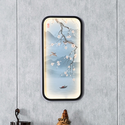 Chinese LED Wall Mural Light Blue Flowering Plum Branch Flush Mount with Ceramic Shade