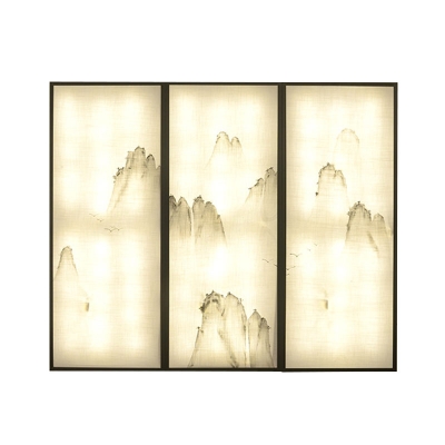 Chinese Mountain Painting Panel Sconce Fabric Living Room LED Wall Mural Light in Black, 16
