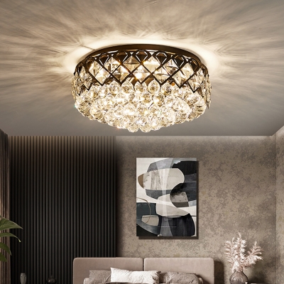 Crystal Black Flush Ceiling Light Drum 7 Heads Contemporary Flushmount Lighting with Rhombus-Patterned Side