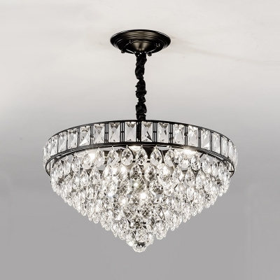 Crystal Droplets Cone Shaped Drop Lamp Minimalist 6 Heads Bedroom Pendant Chandelier in Black
