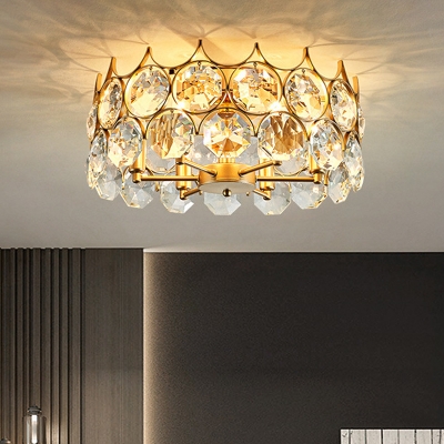 Crystal Embedded Gold Semi Flush Drum Shaped 6-Light Postmodern Ceiling Mount Light