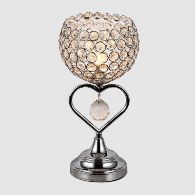 Domed Bedroom Table Light Crystal Encrusted Single Modernist Desk Lamp with Loving Heart Design in Chrome