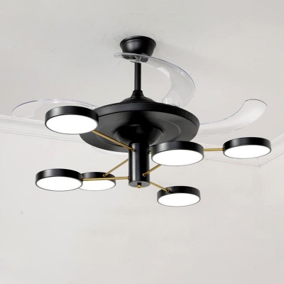 Drum Living Room Ceiling Fan Light Metal 6/8 Lights Modernist LED Semi Flush Lamp in Black with 4 Blades, 42.5