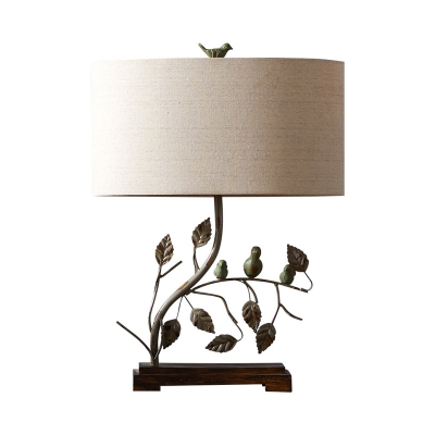 Drum Shade Fabric Night Light Traditional Fabric 1 Bulb Brown Table Lamp with Branch and Bird Design