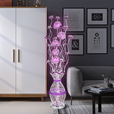 Flower Aluminum Wire Floor Lighting Art Deco LED Parlour Standing Floor Lamp in Purple, White/Warm Light
