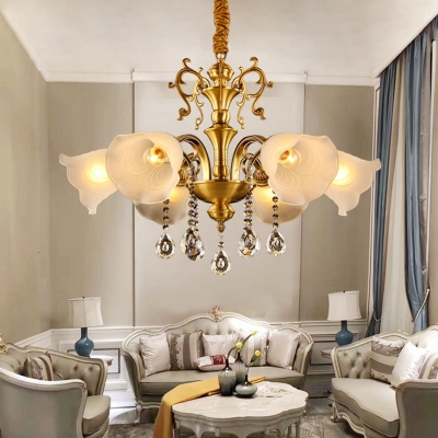 Flower Milk Frosted Glass Pendant Light Mid Century 6 Lights Living Room Chandelier Lamp in Gold