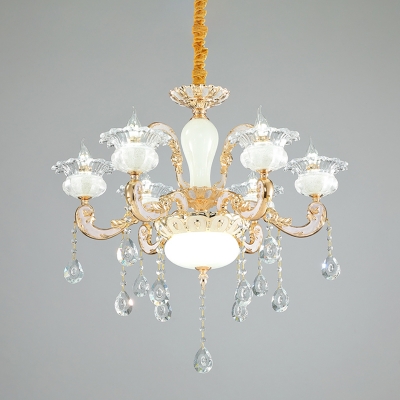 Gold 6 Lights Ceiling Chandelier Contemporary Clear Crystal Glass Flower Pendant Lamp Fixture