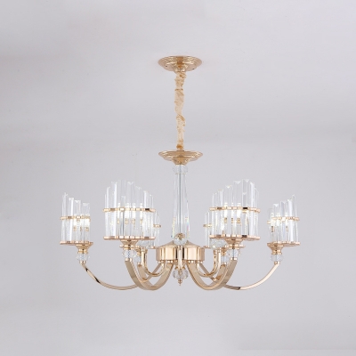 Gold Arced Panel Chandelier Lighting Modernism 6-Bulb Clear Crystal Prism Ceiling Hang Fixture