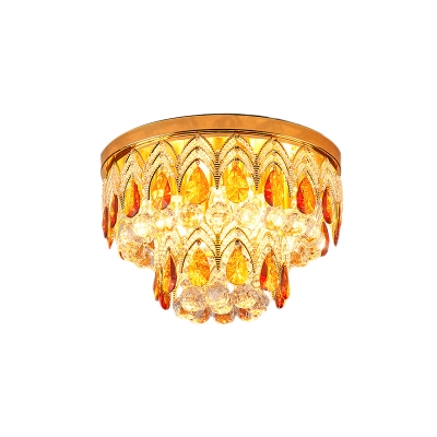 Gold Finish 2-Tier Round Flush Lighting Traditional Tan and Clear Crystal 6-Head Bedroom Flushmount
