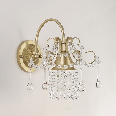 Gold Gooseneck Wall Light Fixture Postmodern Crystal Fringe 1 Bulb Dining Room Sconce