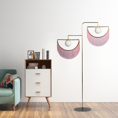 Gold Semicircle Floor Lighting Contemporary 2 Heads Metal Standing Floor Lamp with Pink Tassels Deco