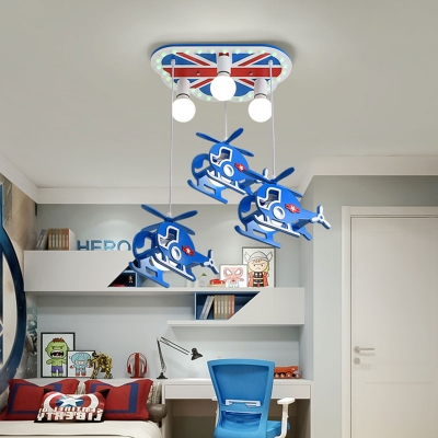 Helicopter Cluster Pendant Light Cartoon Metallic 6-Head Blue Suspension Lamp for Boys Bedroom