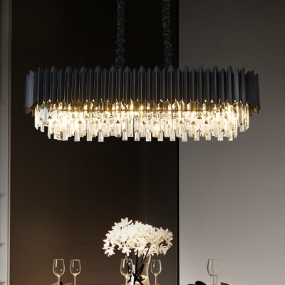 Layered Oblong Crystal Icicle Pendant Contemporary 6-Light Dining Room Hanging Light Fixture in Black