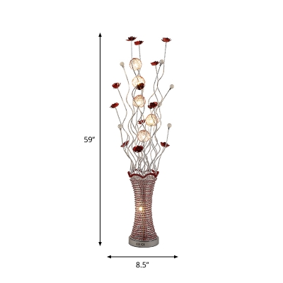 LED Aluminum Floor Light Art Deco Red and Silver Florets and Vase Drawing Room Floor Standing Lamp