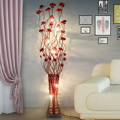 LED Standing Floor Light Art Deco Lotus Aluminum Wire Vase Floor Lamp in Red for Living Room