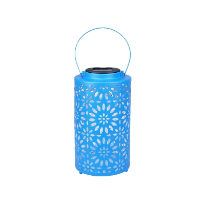 Metal Hollowed Out Cylinder Solar Lamp Modern White/Blue LED Table Stand Light with Handle