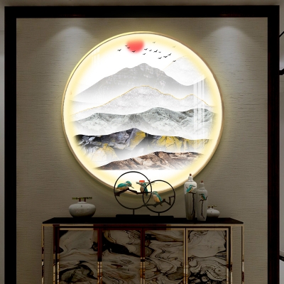 Metallic Round Sconce Lighting Chinese LED Gold Wall Mural Lamp with Mountain and Sun Pattern