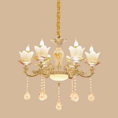 Mid-Century Flower Chandelier Lamp Fixture 6-Bulb Crystal Hanging Light Kit in Gold