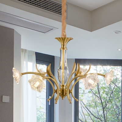 Modernist Flower Chandelier Light Fixture 6-Light Clear Crystal Glass Pendulum Lamp in Gold