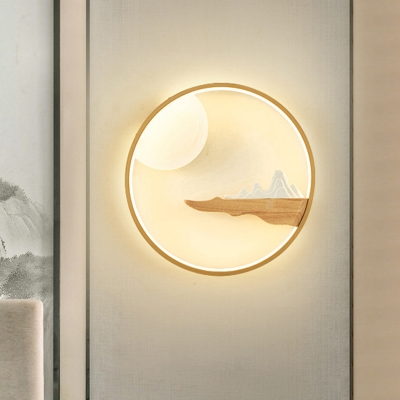 Moon and Mountain Mural Lighting Asian Wooden Black/Beige LED Wall Mounted Light for Bedside