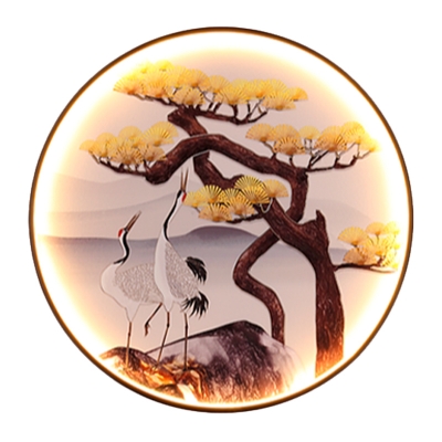 Pine Tree/Stone Stairway LED Flush Mount Metal Chinese Wall Mount Mural Lamp with Black Round Frame