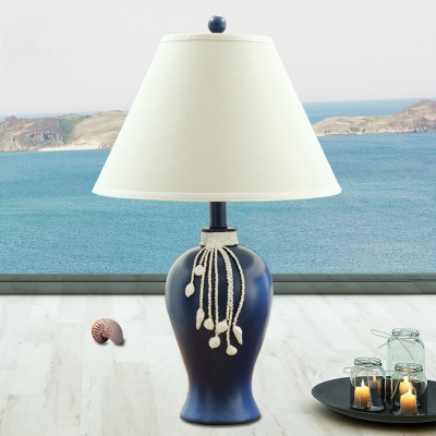 Pot Dining Table Light Rustic Resin Single Blue Nightstand Lamp with Conic Fabric Shade