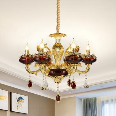 Red Crystal Oblong Shade Pendant Mid Century 6-Head Dining Room Ceiling Chandelier in Gold