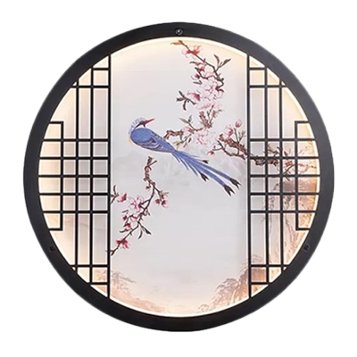 Round Bedroom Wall Mural Lighting Fabric Asian LED Sconce with Peach Branch and Magpie Pattern, Black