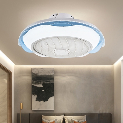 Round Metal Semi Mount Lighting Contemporary White/Pink/Blue Finish LED Pendant Fan Lamp, 20.5