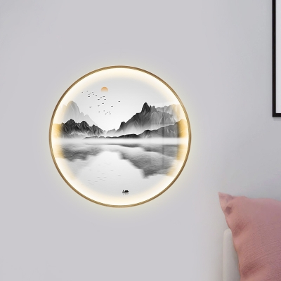 Round Metal Wall Sconce Light Fixture Chinese Style LED Gold Wall Mural Lamp with Mountain and River Pattern