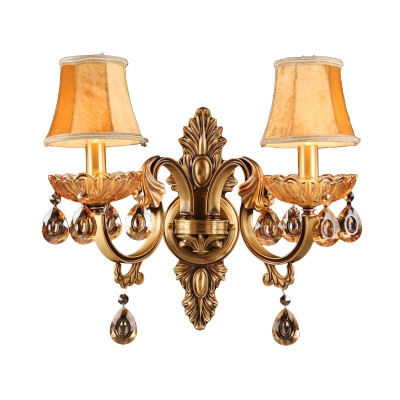 Rustic Candlestick Wall Lighting Fixture 2 Bulbs Metallic Sconce with Flared Fabric Shade in Brass