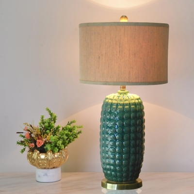 Rustic Oval Night Table Light 1 Head Ceramic Nightstand Lamp in Green with Drum Fabric Shade