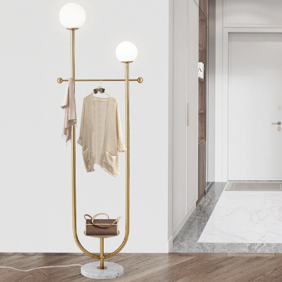 Spherical Standing Light Postmodern White Glass 2-Bulb Bedroom Floor Lamp with Tray and Clothes Rack in Gold