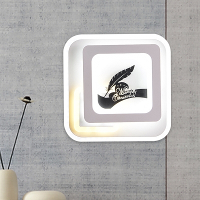 Square Wall Mount Lighting with Deer/Feather Pattern Modern LED White Sconce Lamp for Living Room